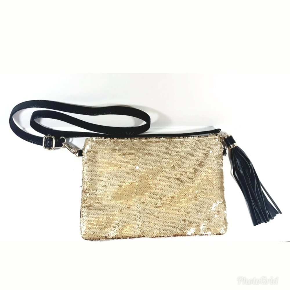 BAM Forever Gold Sequin Crossbody Bag with Black Adjustable Strap & Tassel
